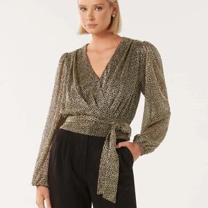 Ever New Tie Wrap Blouse Gold Metallic Floral